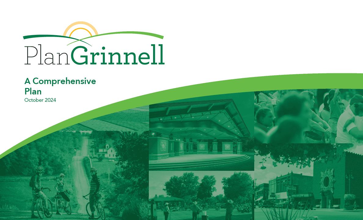 Cover of the "Grinnell Comprehensive Plan" July 2024, featuring green-tinted community images