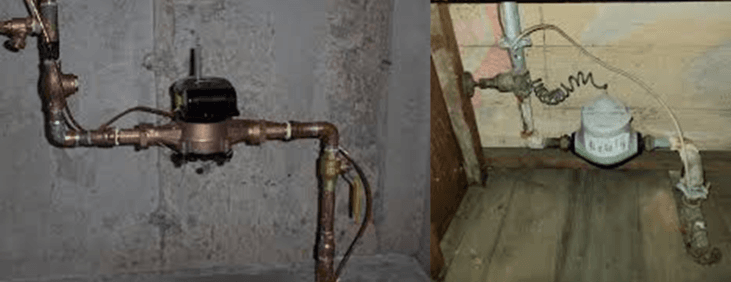 Two examples of water meters with pipes, one meter with a lever, one with a knob shut off
