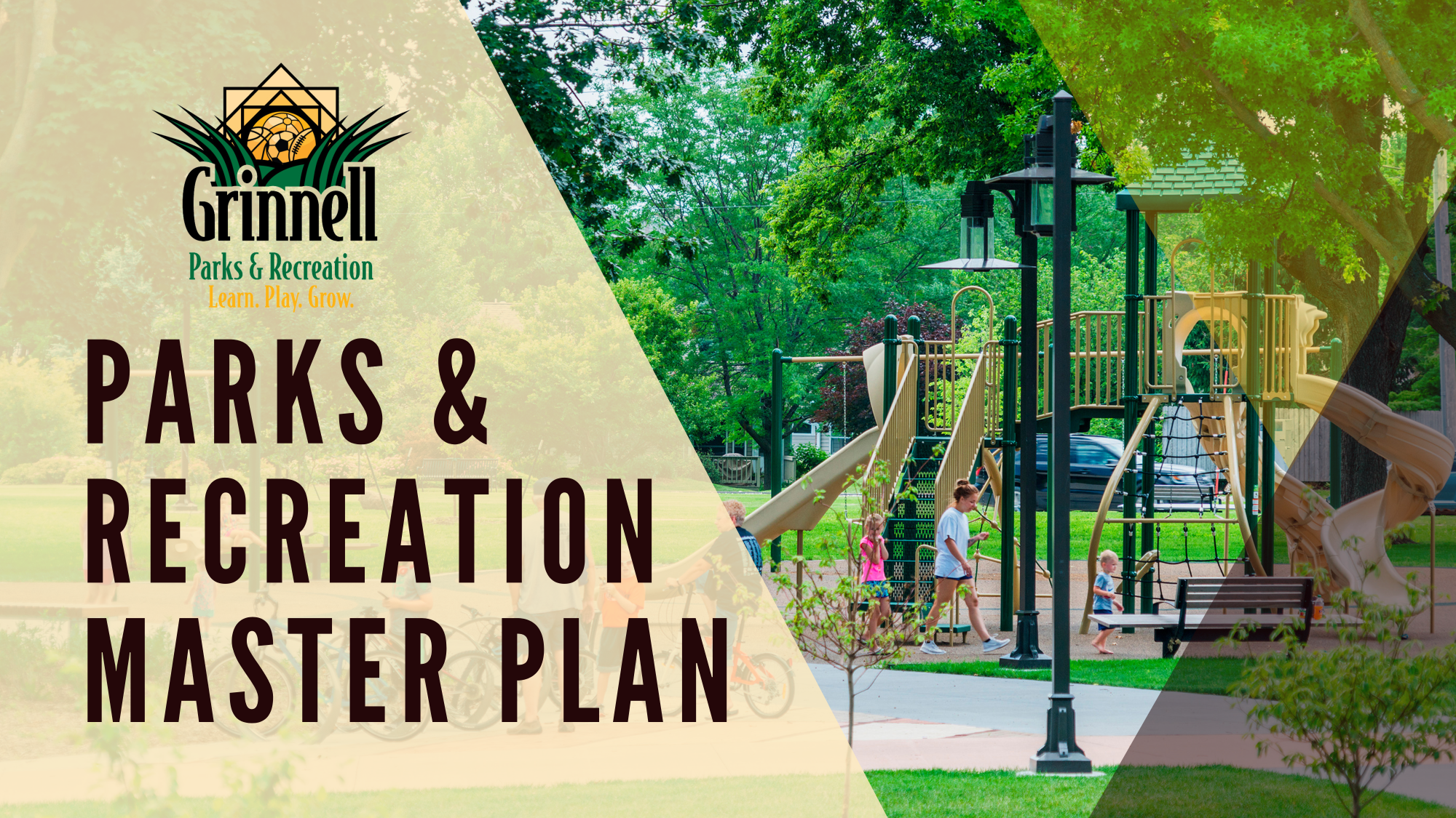 Grinnell Parks and Rec Master Plan banner with a vibrant Central Park playground scene and logo