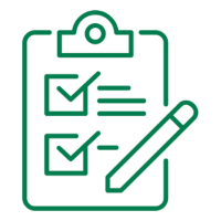 green clipboard icon with a checklist and lines representing text